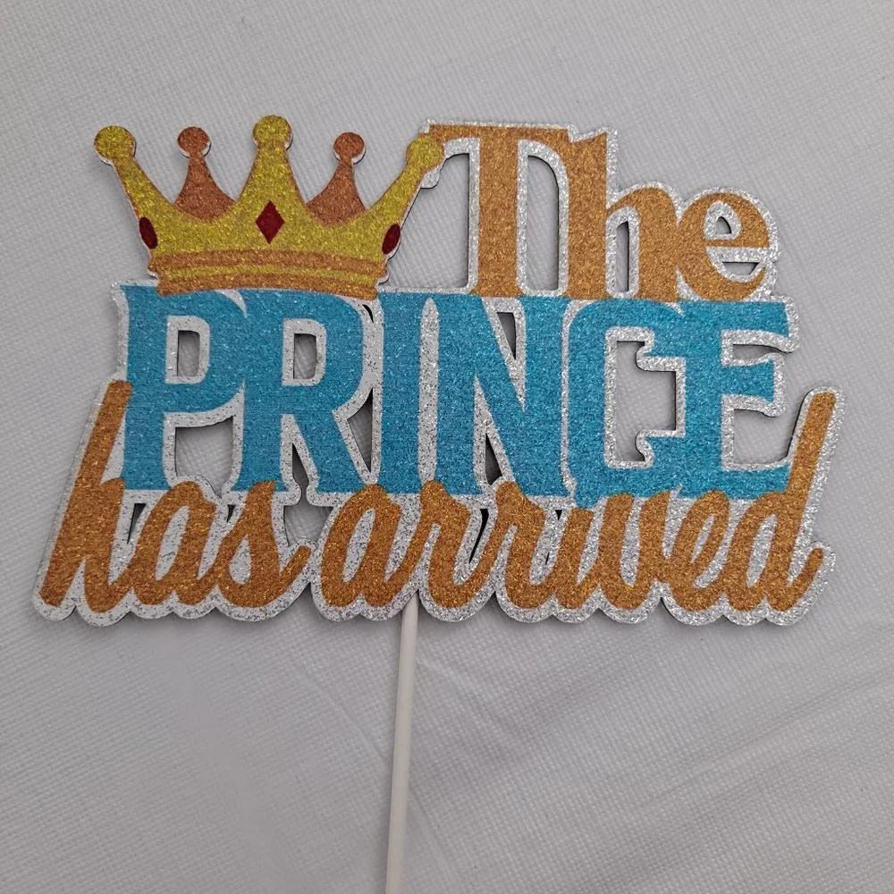 The Prince Has Arrived Cake Topper Birthday crown party decor gold blue silver